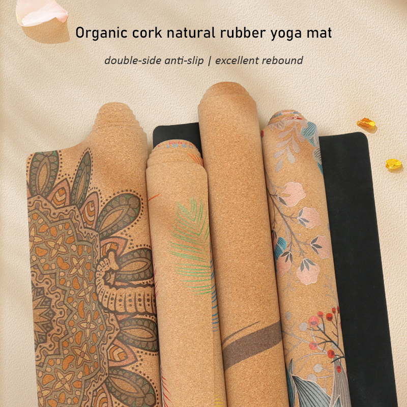 Printed dry wet anti-slip moisture absorbing cork natural rubber yoga mat ideal for hot yoga