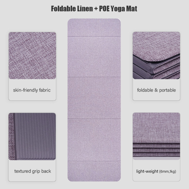 Foldable Linen POE Textured Yoga Mat, 0.6cm Thick Non‑Slip Portable Travel Exercise Mat