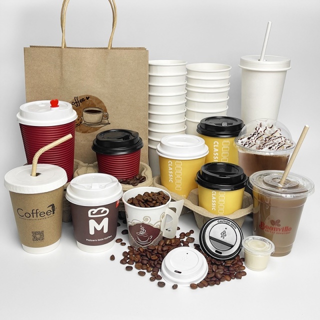 Takeaway eco custom cups yellow red brown paper cup of coffee