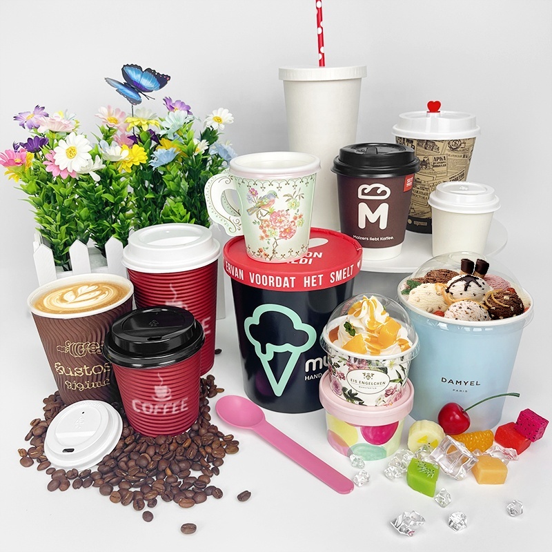 Disposable paper cups takeaway ice cream coffee 1/2/3/4/5/6/7/8/9/10/12/16/20/22/24 oz double wall to go cup with lid