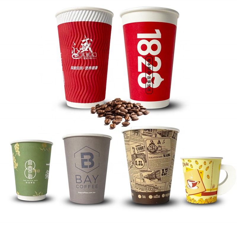 Portable 300ml 12 oz hot beverage cute biodegradable disposable white yellow and blue cafe espresso coffee paper cup of coffee
