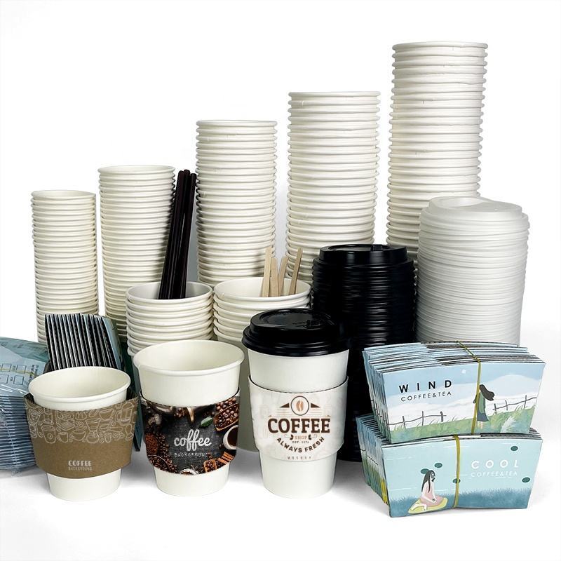 Wholesale Printing 8oz 12oz 16oz Single Wall Disposable Paper Cups  With Sleeves And Lid