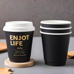 Wholesale Customizable logo Takeaway Gold Foil Stamping Waterproof Disposable Double Wall Black Paper Cups With Lid,LongWorld,Wholesale Customizable logo Takeaway Gold Foil Stamping Waterproof Disposable Double Wall Black Paper Cups With Lid