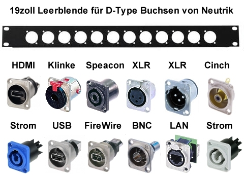1HE Blende Rackblenblende mit 12x D-Type Bohrungen