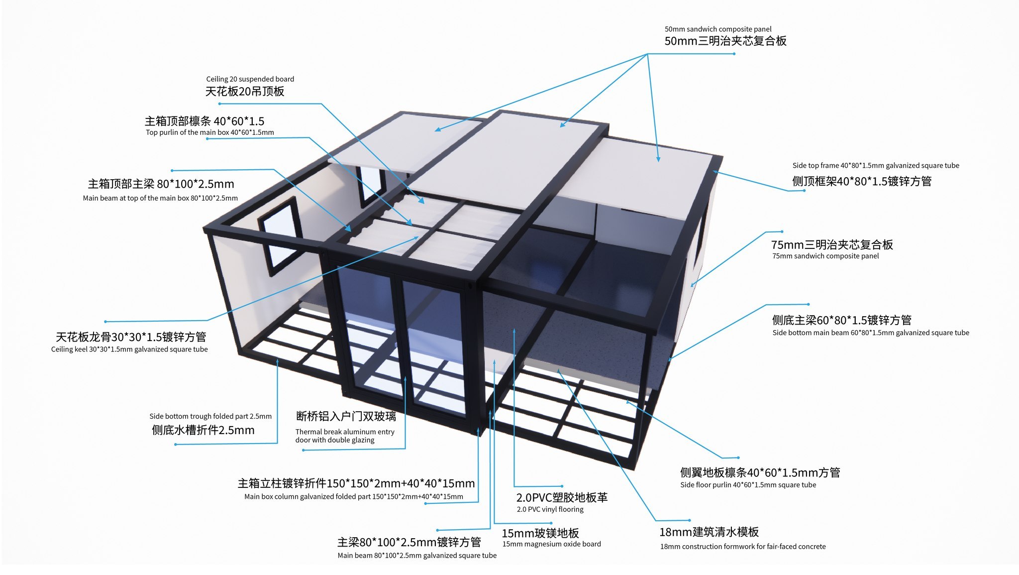 Flat top movable prefabricated flat modular office customized expandable container house with bathroom