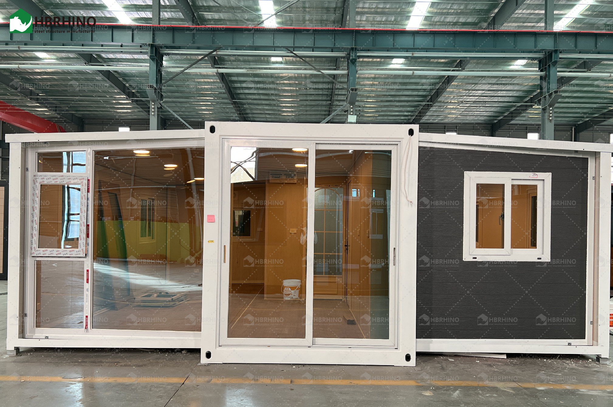 20 foot white frame window, half glass curtain wall, extended container house