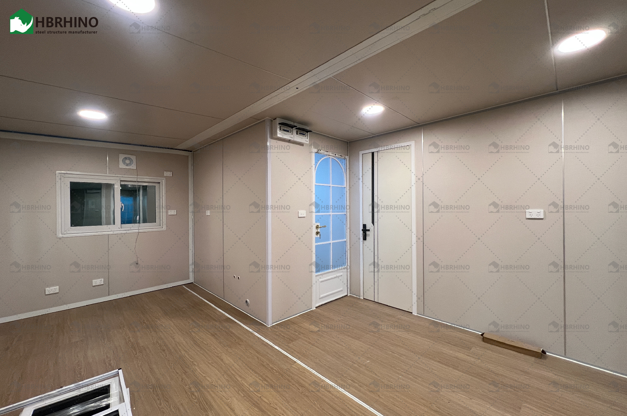 20 foot white frame window, half glass curtain wall, extended container house