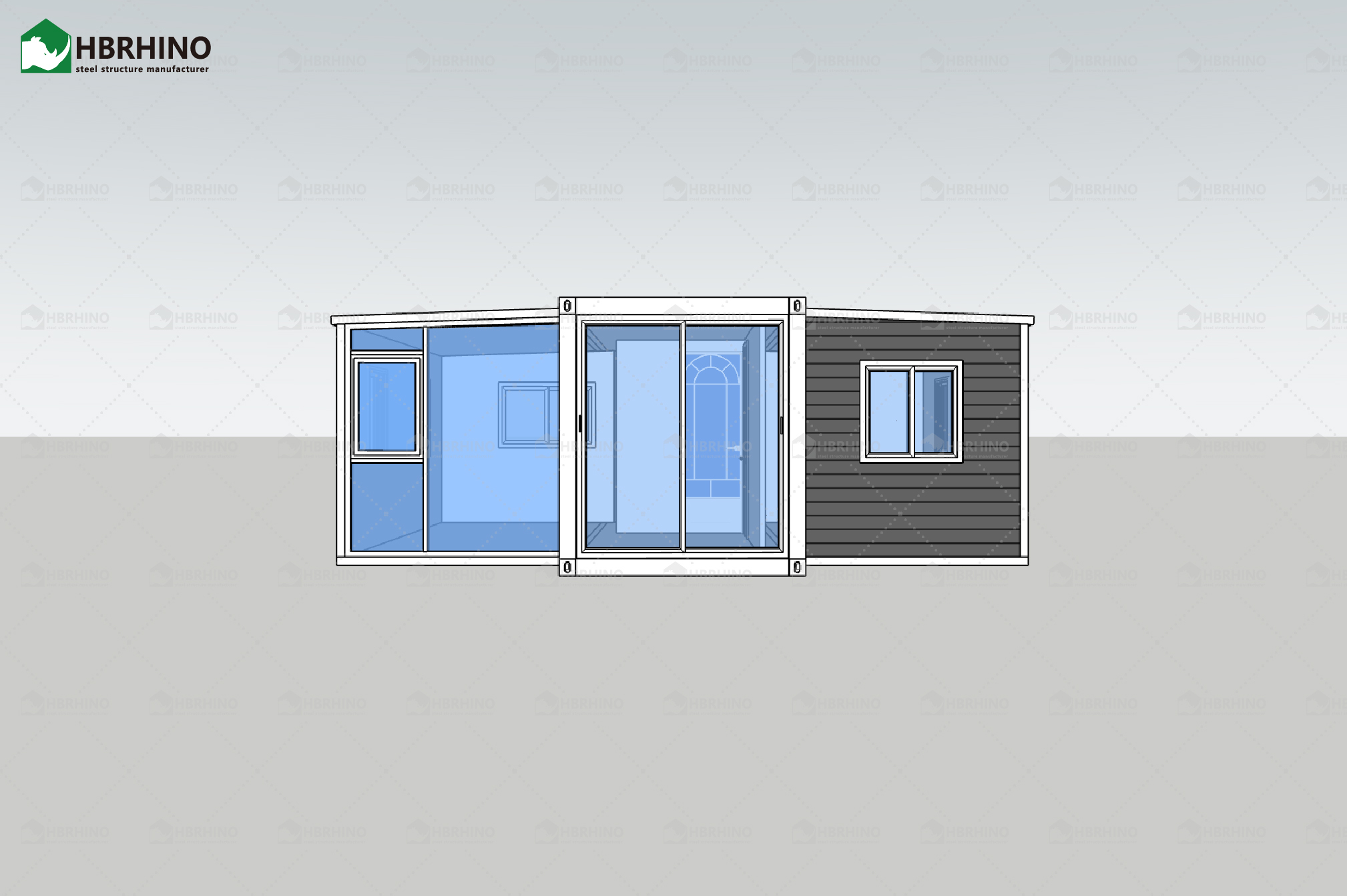 20 foot white frame window, half glass curtain wall, extended container house