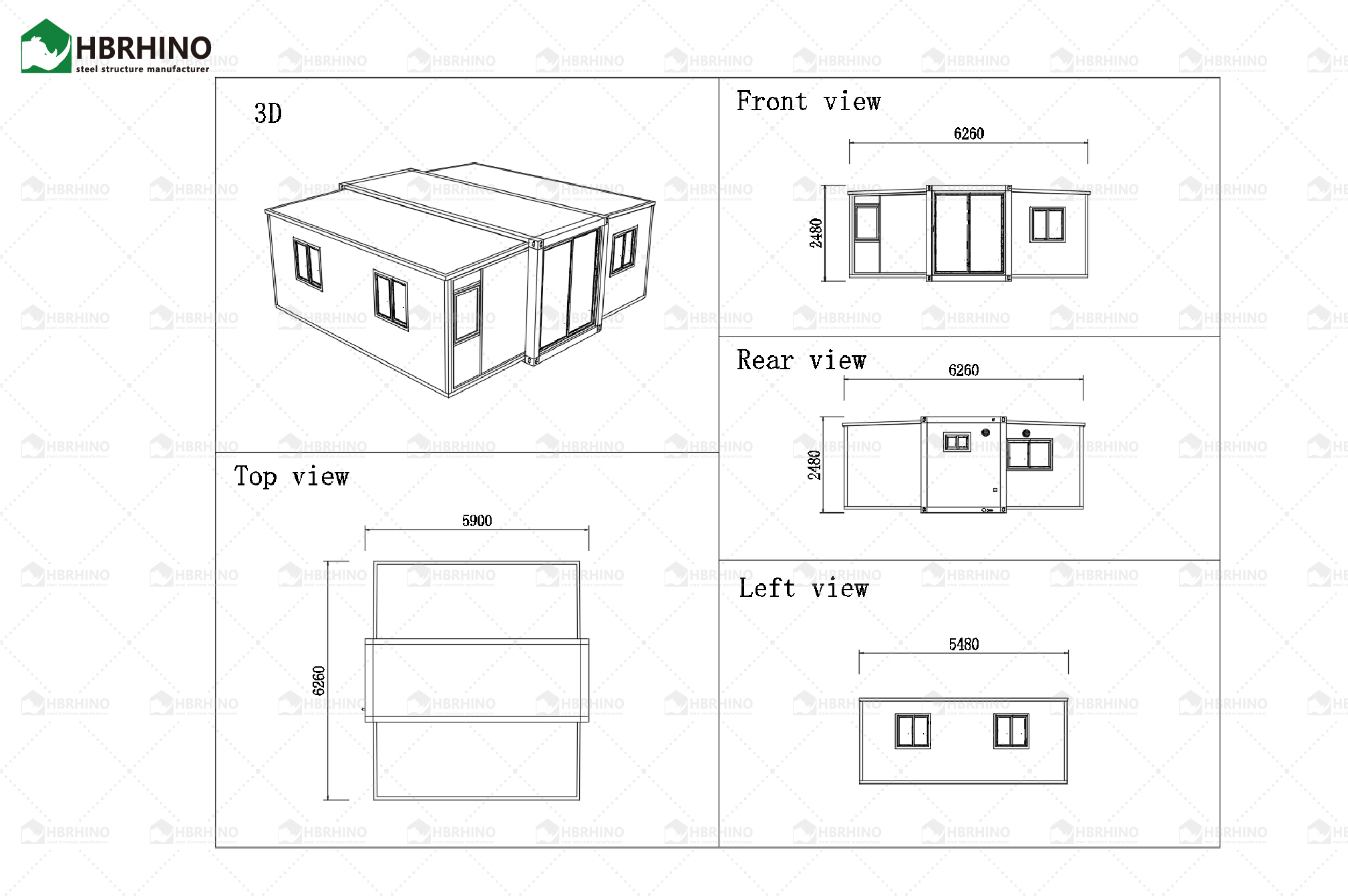 20 foot white frame window, half glass curtain wall, extended container house