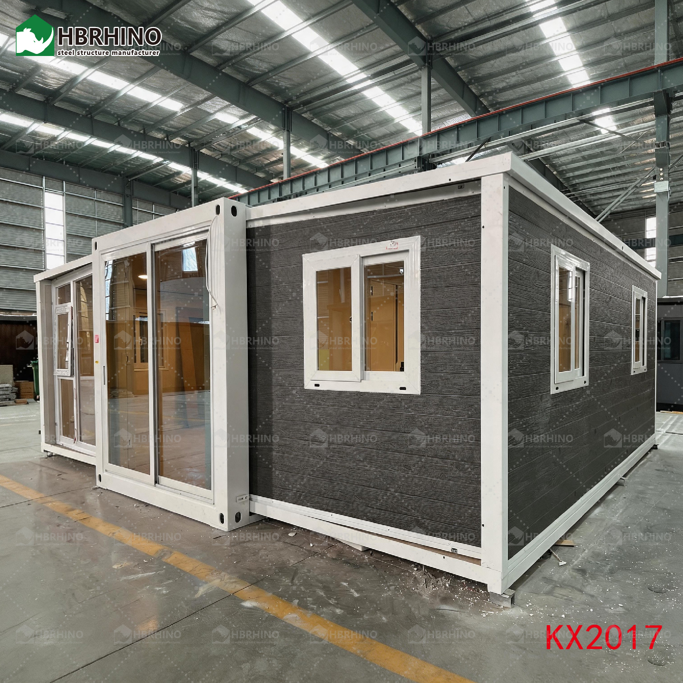 20 foot white frame window, half glass curtain wall, extended container house