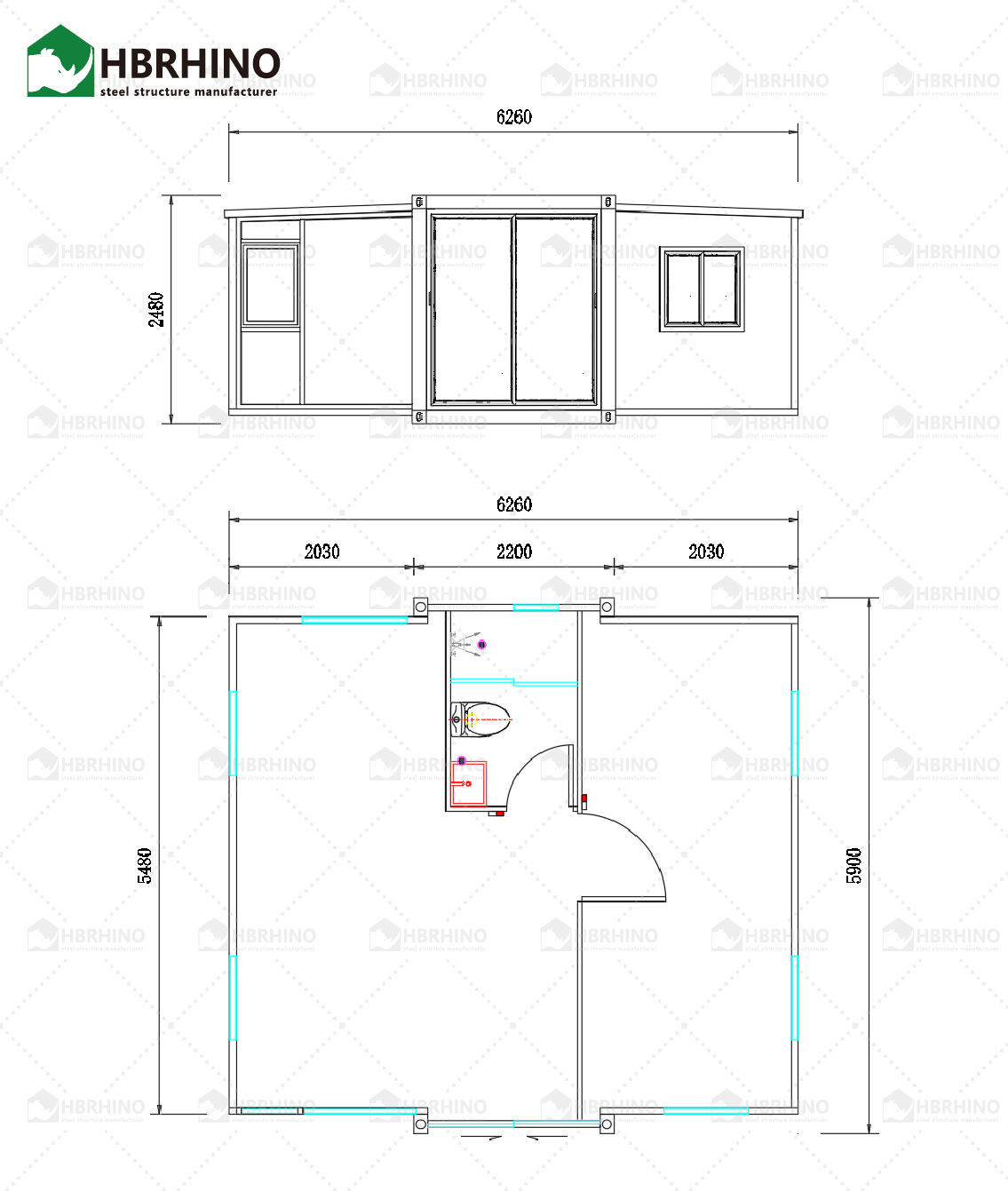 20 foot white frame window, half glass curtain wall, extended container house