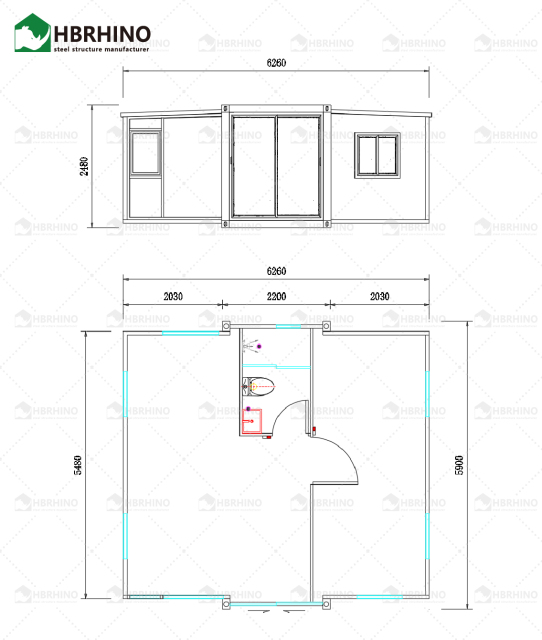 20 foot white frame window, half glass curtain wall, extended container house