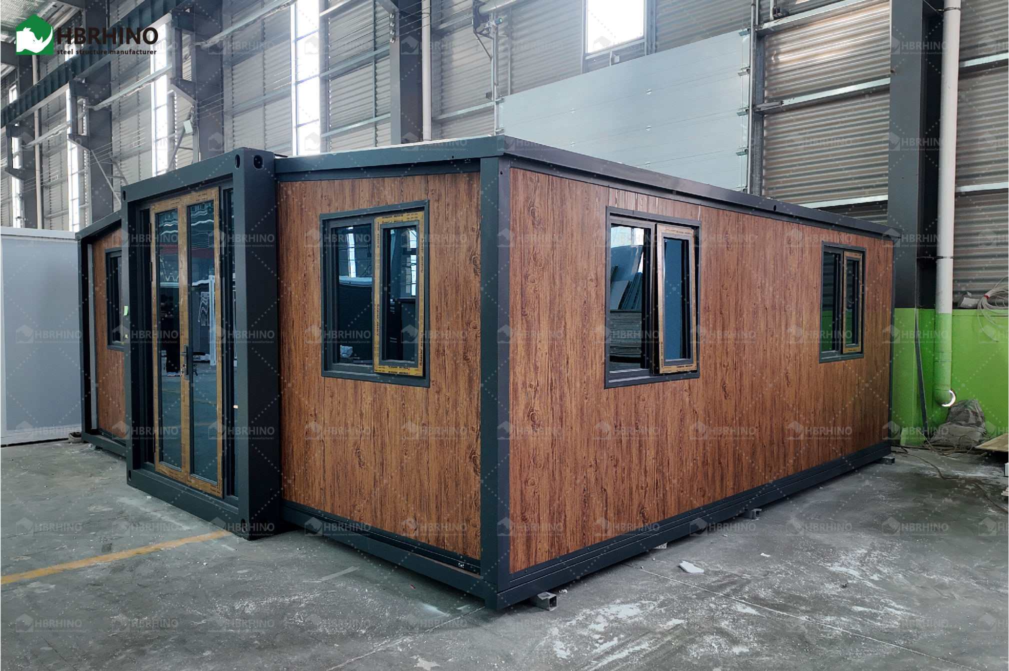 20 ft black frame, black chicken wing wood exterior wall panel, extended container house, office, homestay, living