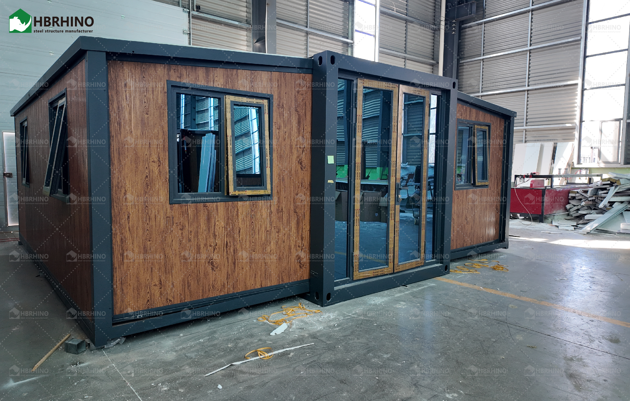 20 ft black frame, black chicken wing wood exterior wall panel, extended container house, office, homestay, living