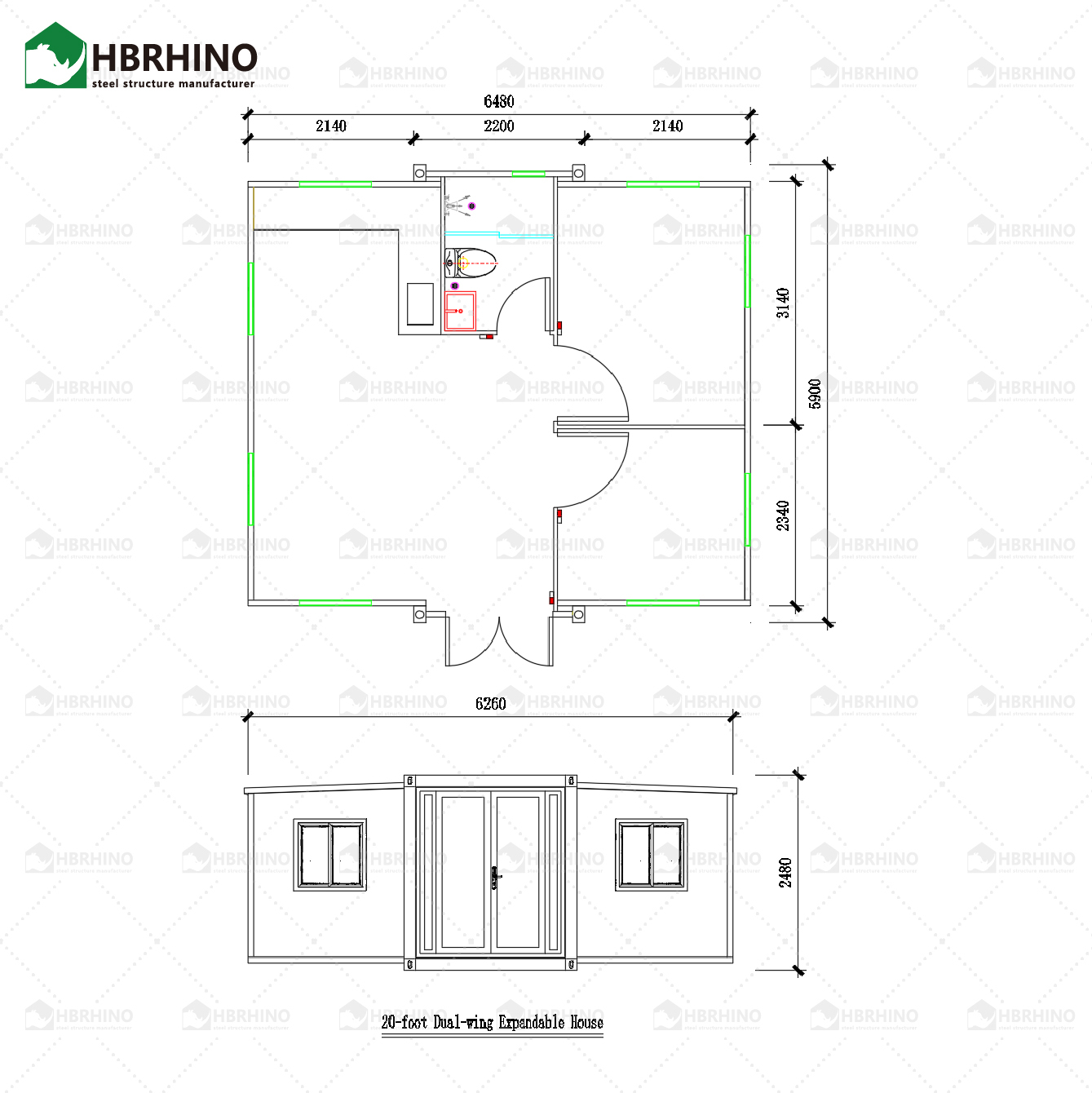 20ft red wall panel white frame KFC door expansion container house
