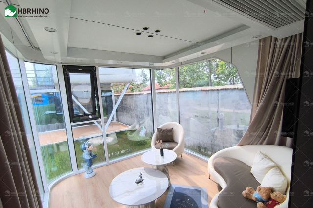 E7-Portable Space Capsule Pod Home Off Grid Solar Integrated Prefab Tiny House 270° Panoramic Glass Quick Assembly for Global Shipping