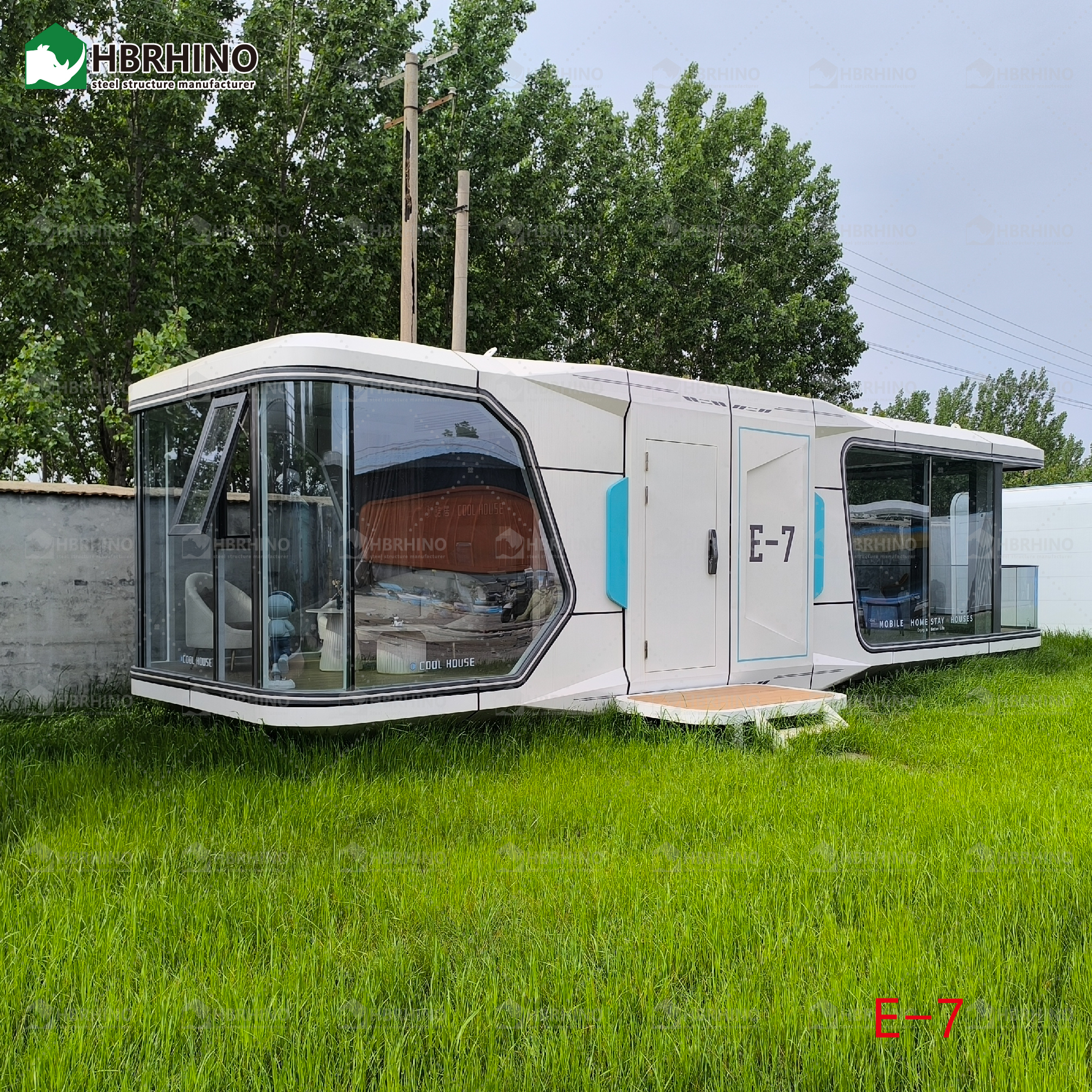 E7-Portable Space Capsule Pod Home Off Grid Solar Integrated Prefab Tiny House 270° Panoramic Glass Quick Assembly for Global Shipping