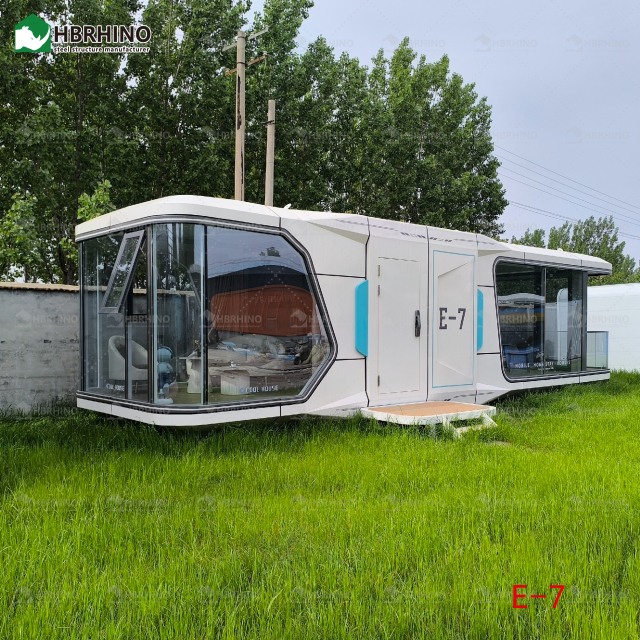 E7-Portable Space Capsule Pod Home Off Grid Solar Integrated Prefab Tiny House 270° Panoramic Glass Quick Assembly for Global Shipping