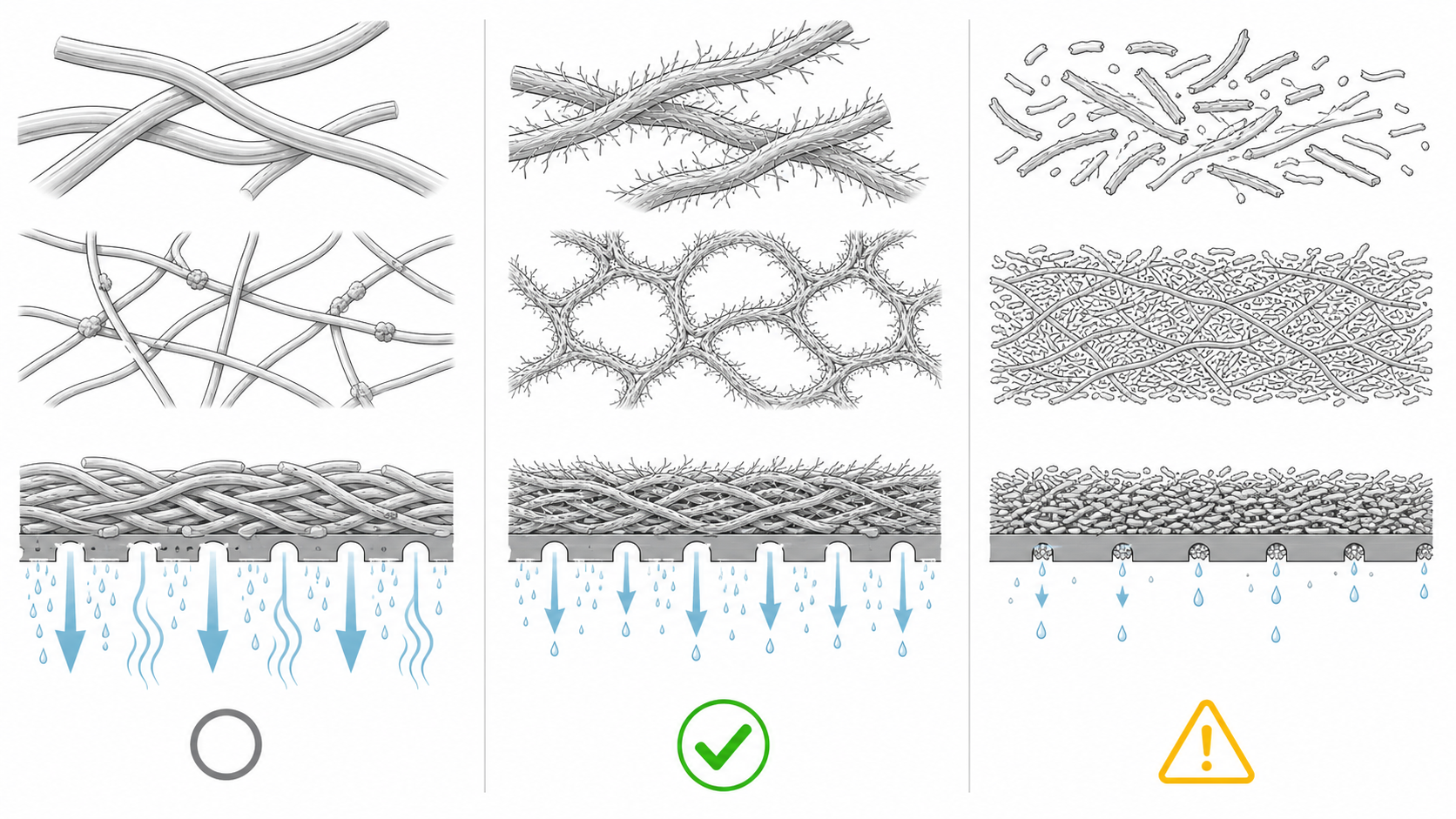 Diagram comparing pulp beating fibrillation and excessive cutting in molded pulp production