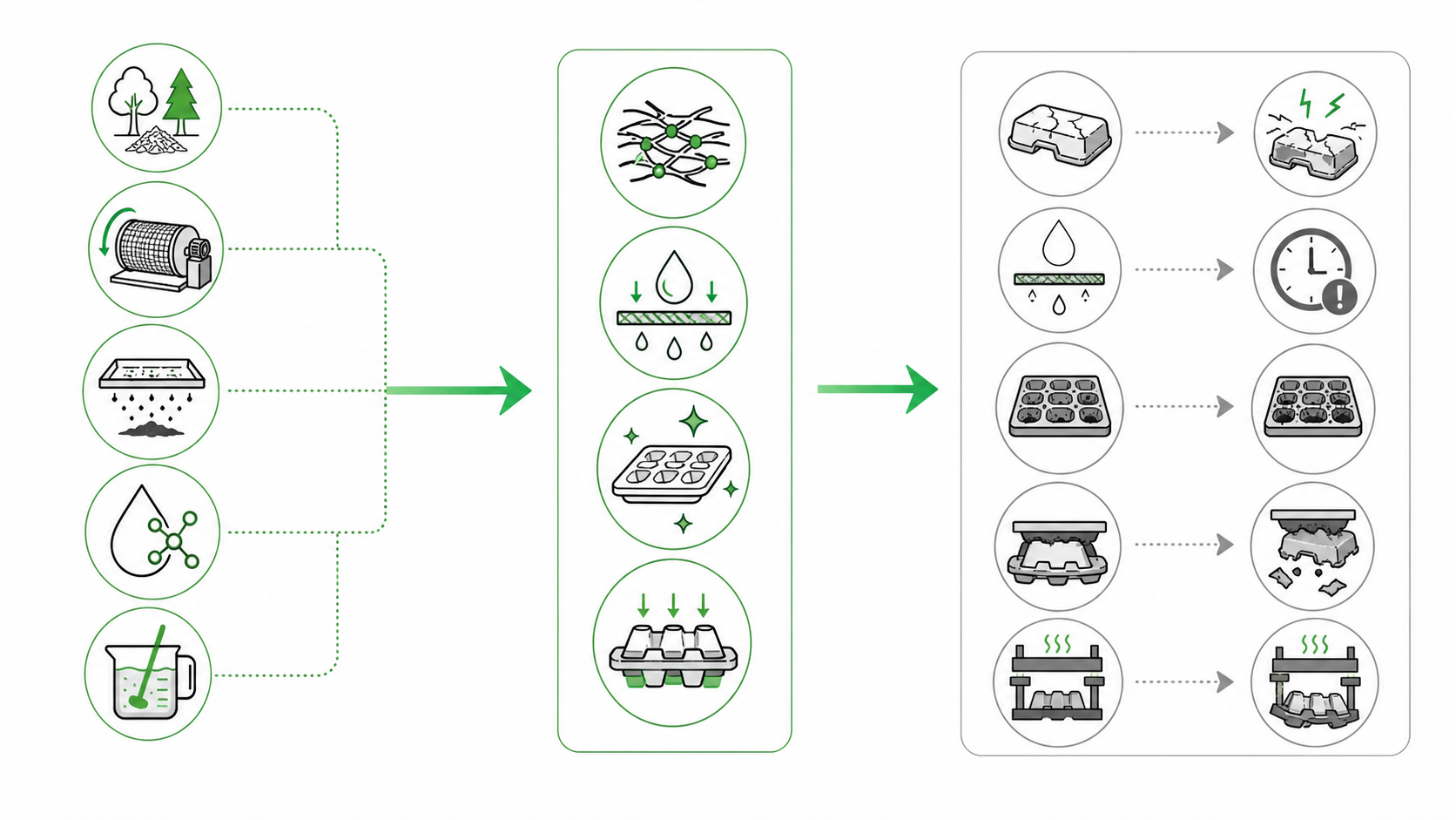 Flowchart showing how slurry preparation affects molded pulp strength drainage and mold clogging