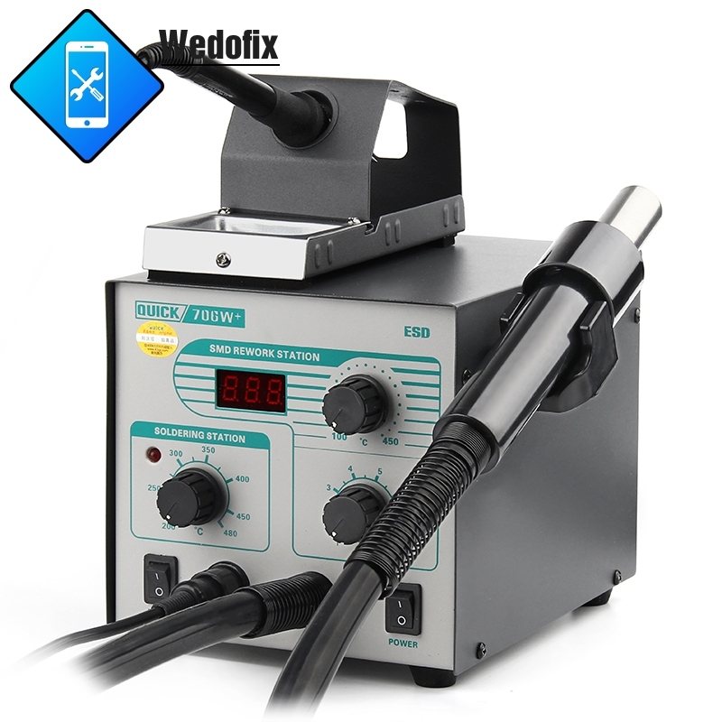 QUICK 706W+ Digital Display Hot Air Gun + Soldering Iron Anti-static Temperature Lead-free Rework Station 2 in 1 With 3 Nozzles