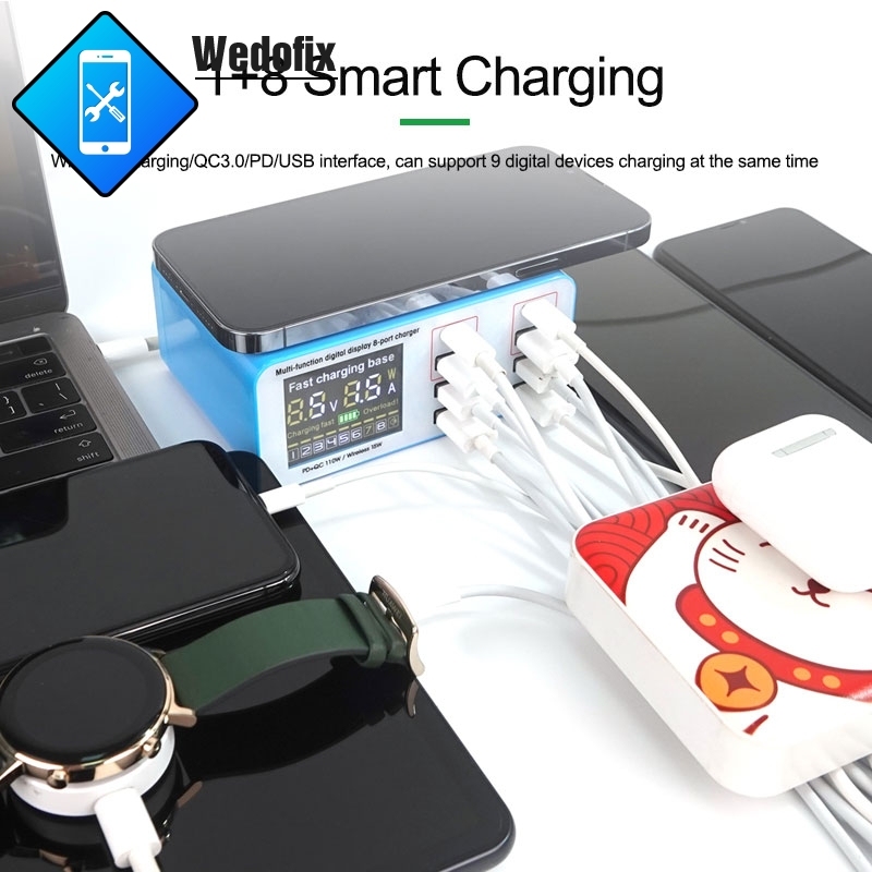 15W 8 Ports USB Charging Hub Fast Charge Station with Digitial Display PD3.0 QC3.0 for Mobile Phone Laptop Charging