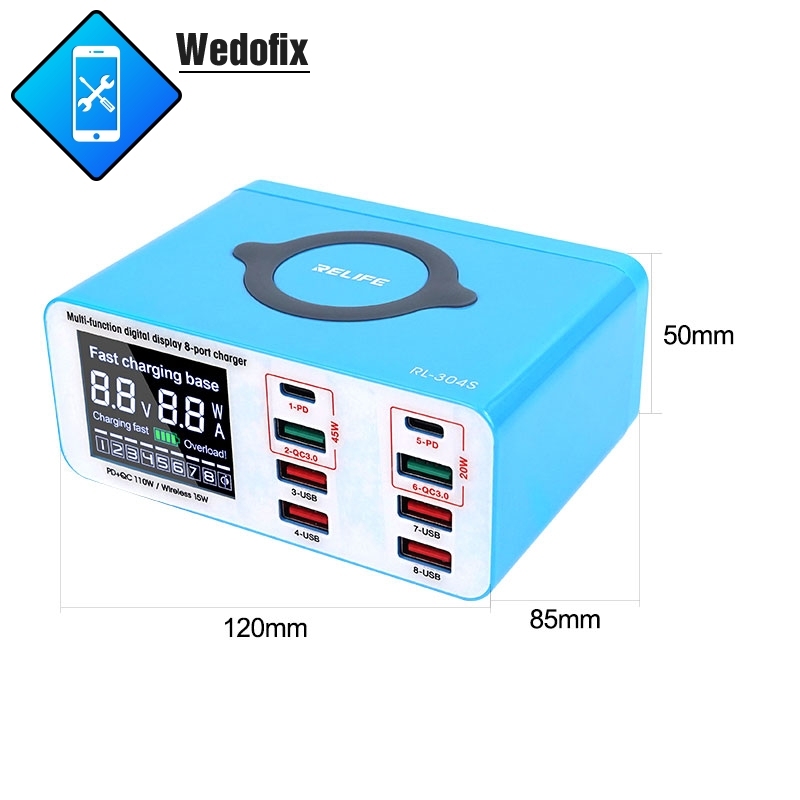 15W 8 Ports USB Charging Hub Fast Charge Station with Digitial Display PD3.0 QC3.0 for Mobile Phone Laptop Charging