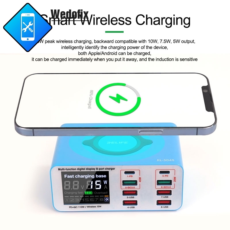 15W 8 Ports USB Charging Hub Fast Charge Station with Digitial Display PD3.0 QC3.0 for Mobile Phone Laptop Charging