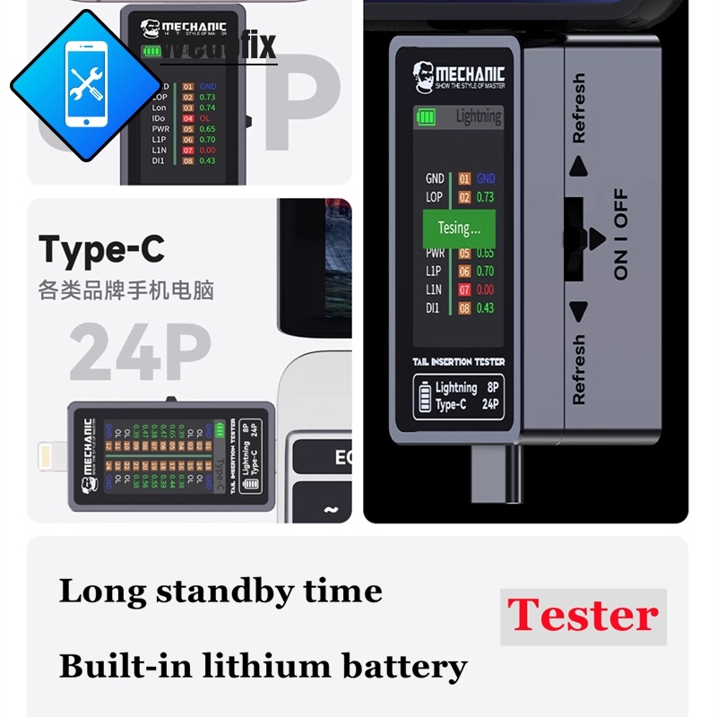 Mechanic T-824 Tail Plug Tester Charing Port Test Tools Diode Resistance Detection for iPhone Macbook Laptop Diagnosis Repair 