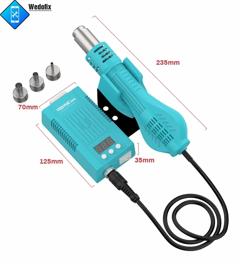 YouYue 8858 Portable Hot Air Rework Station Phone Repair Digital Display Heat Gun with 3 Pcs Nozzles for Electronics Repair