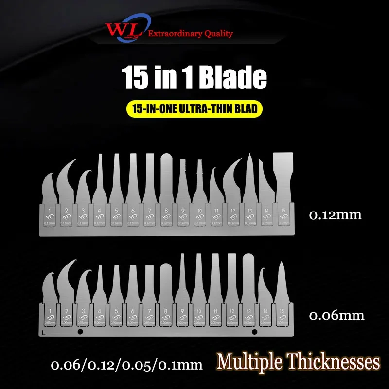 WL 15 in 1 Degumming Blade Set Ultra Thin Scraping Knife Kit for CPU Layering Motherboard Chip IC Edge Glue Remove Rework Tool