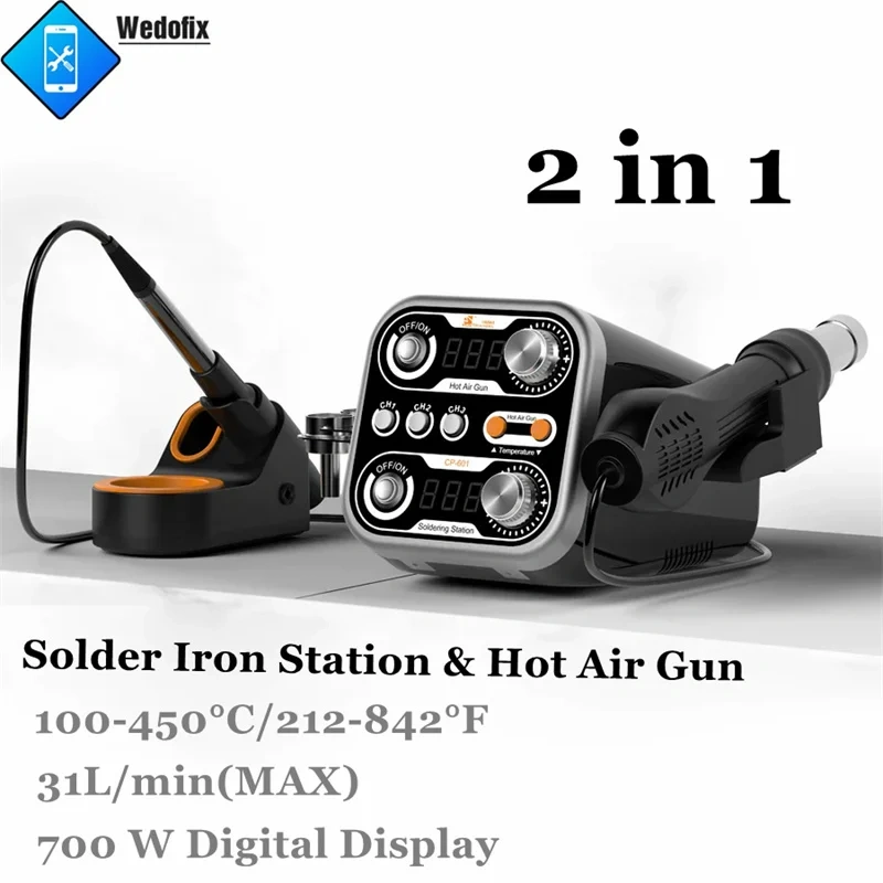 M Triangle 2 in 1 Solder Iron Station Digital Display Hot Air Gun 700W 450℃ Constant Temperature Lead Free Soft Whrilwind