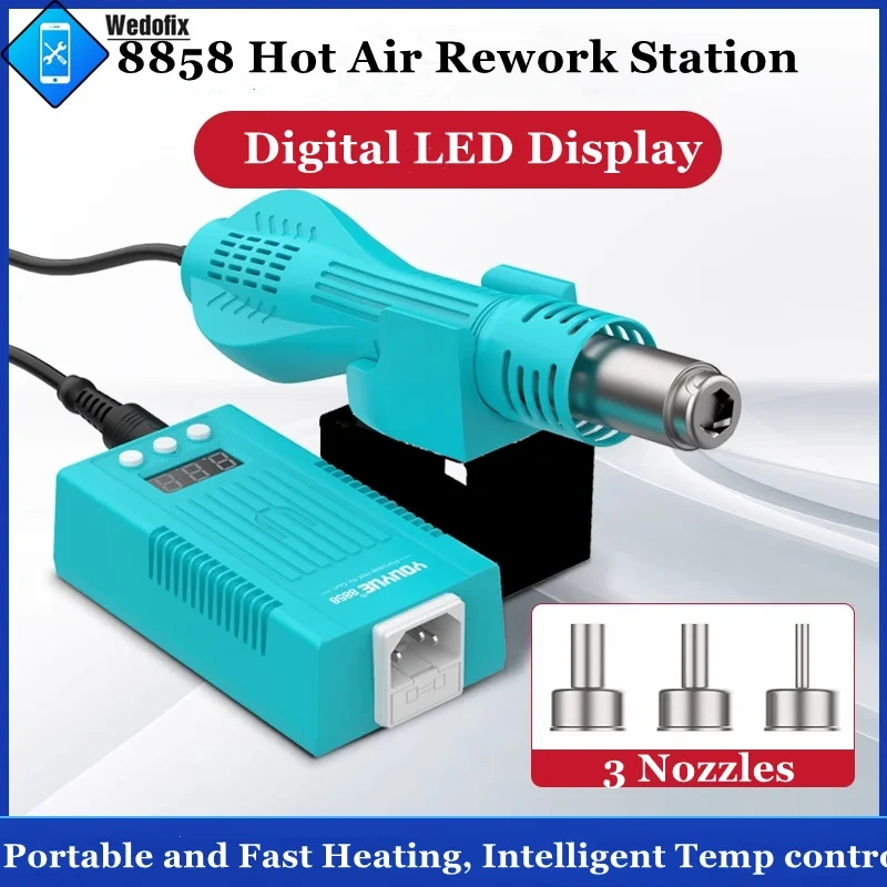 YouYue 8858 Portable Hot Air Rework Station Phone Repair Digital Display Heat Gun with 3 Pcs Nozzles for Electronics Repair