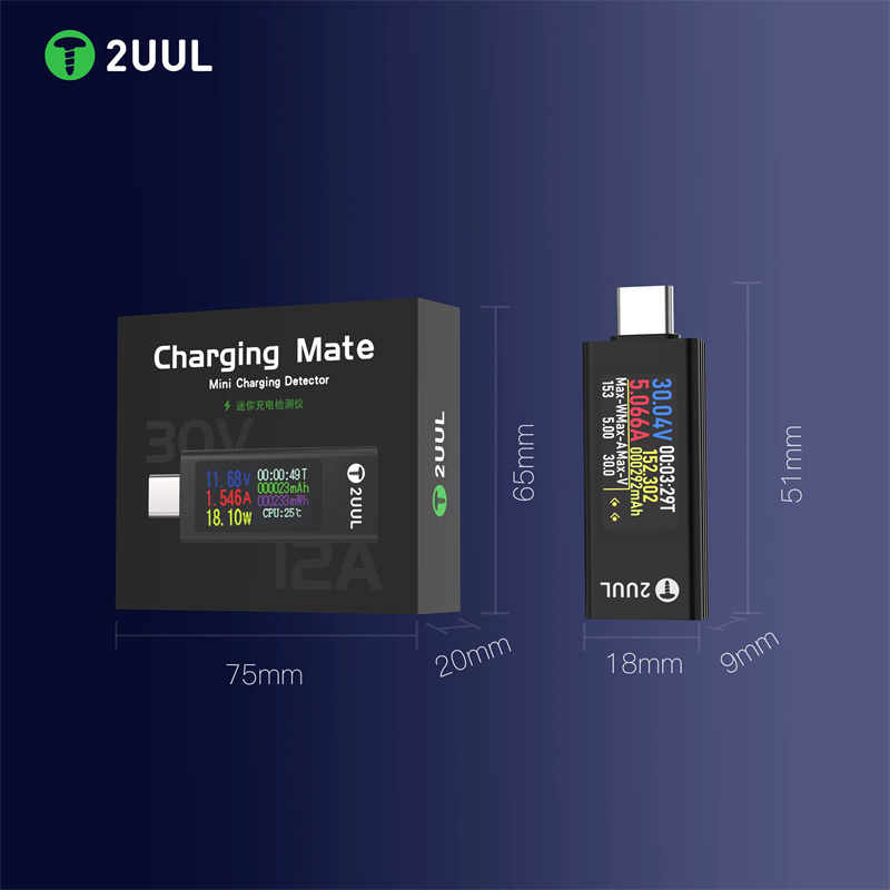2UUL PW21 USB C Charging Tester Mini Charge Mate Detector 30V 12A Charger Testing Tool for iPhone Samsung Oppo Repair