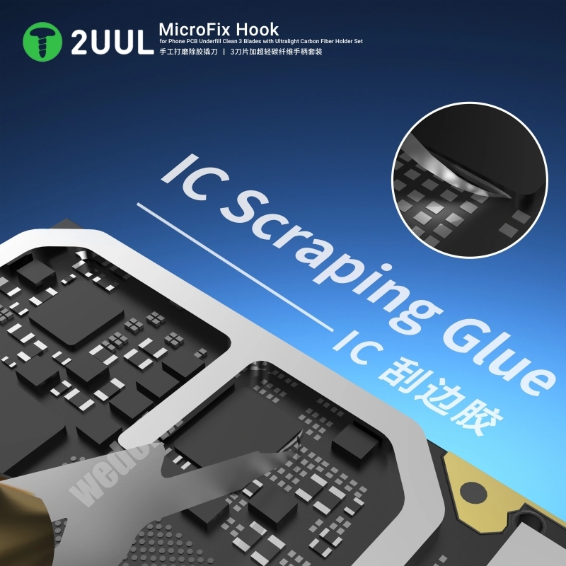 2UUL DA12 MicroFix Hook for Phone PCB Underfill Clean 3 Blades with Ultralight Carbon Fiber Holder Set