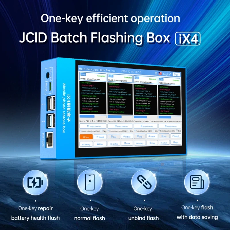 JCID Batch Flashing Box iX4 Multi-Port Battery Health One-Key Unbind iPhone Flash