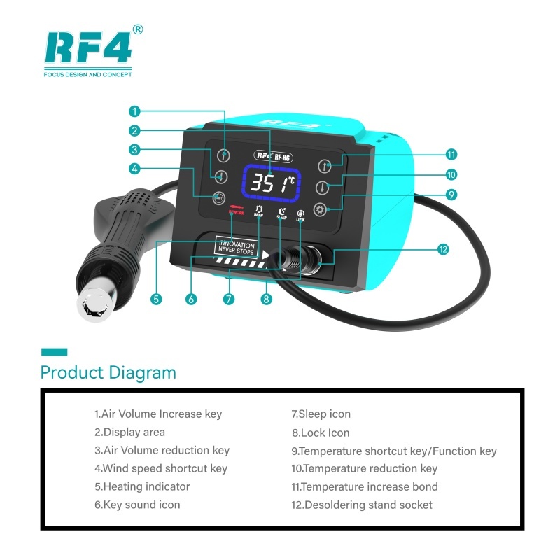 RF4 H 600W 500℃ Digital Display Hot Air Rework Station