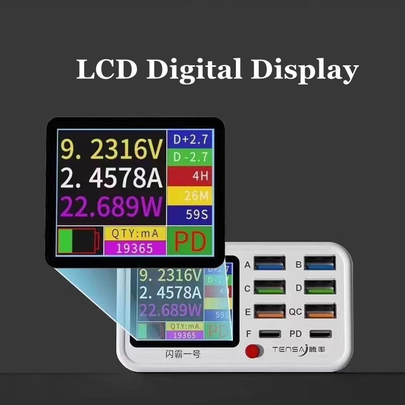 8 Ports USB Charger Station with Wireless Charging Colorful Screen Digital Display PD QC Fast Charge for iPhone 14 13 Android