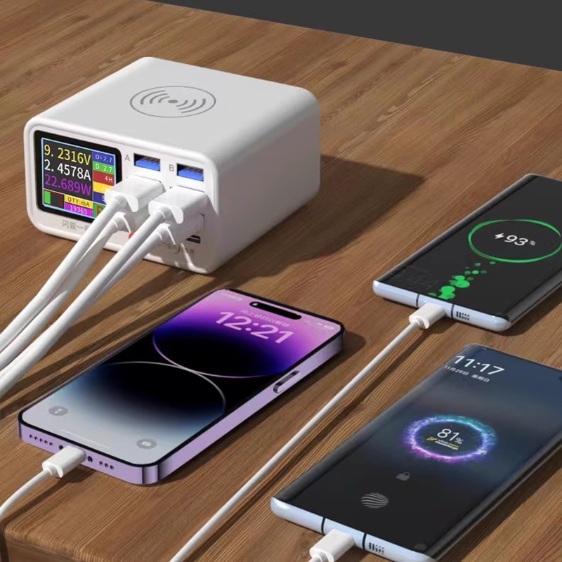 8 Ports USB Charger Station with Wireless Charging Colorful Screen Digital Display PD QC Fast Charge for iPhone 14 13 Android