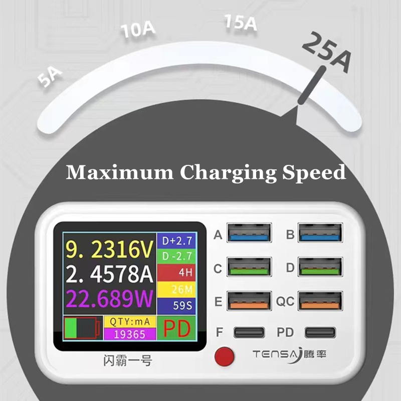 8 Ports USB Charger Station with Wireless Charging Colorful Screen Digital Display PD QC Fast Charge for iPhone 14 13 Android
