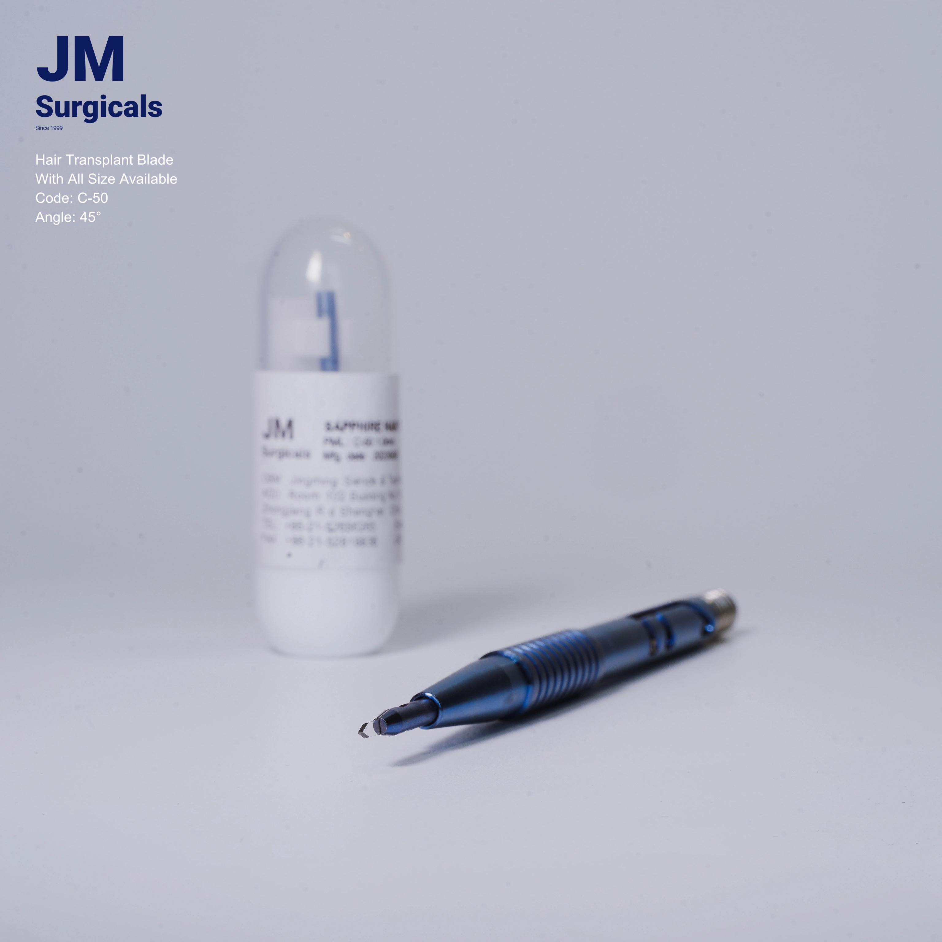 1.15mm Sapphire Hair Transplant Blade C-50 sapphire tip and handle detail for FUE procedures