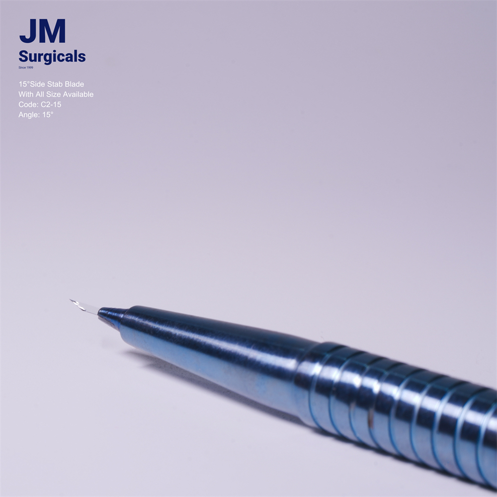 JM Surgicals | Sapphire Surgical Instruments | 15° Side Stab Sapphire Blade for Ophthalmic Surgery, Precision Cutting, Model C2-15