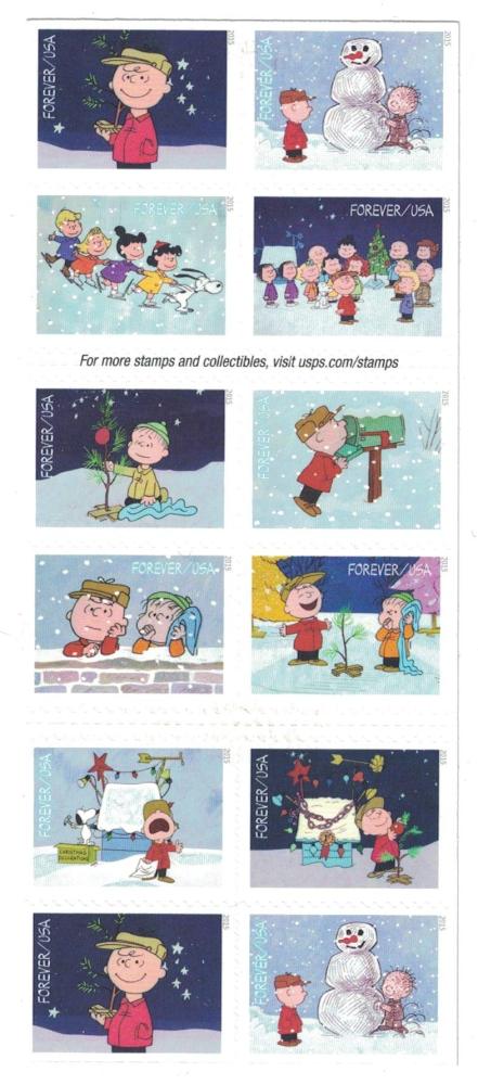 USPS Charlie Brown Xmas Pane of 20 Forever Postage Stamps