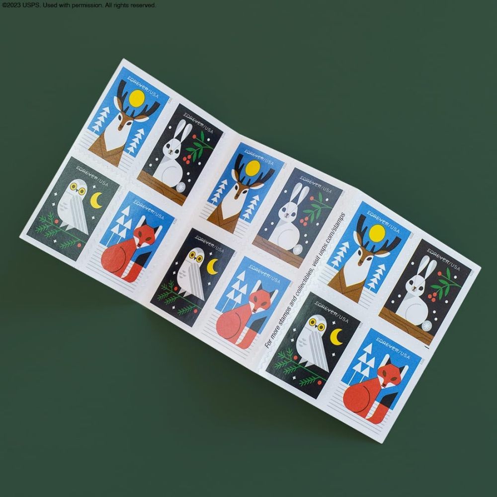 Winter Woodland Animals Forever Postage Stamps (a Deer. Fox. Rabbit. and Owl) 2023