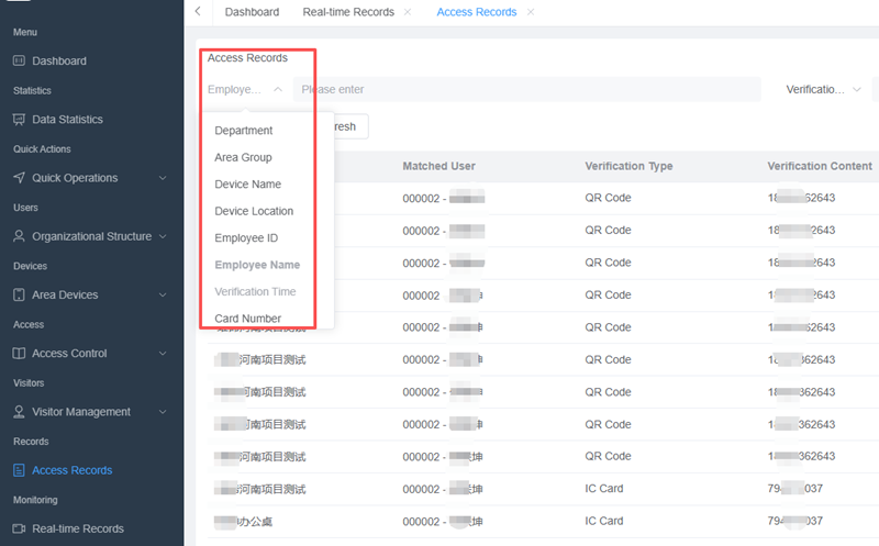 QR code access control record categorization query