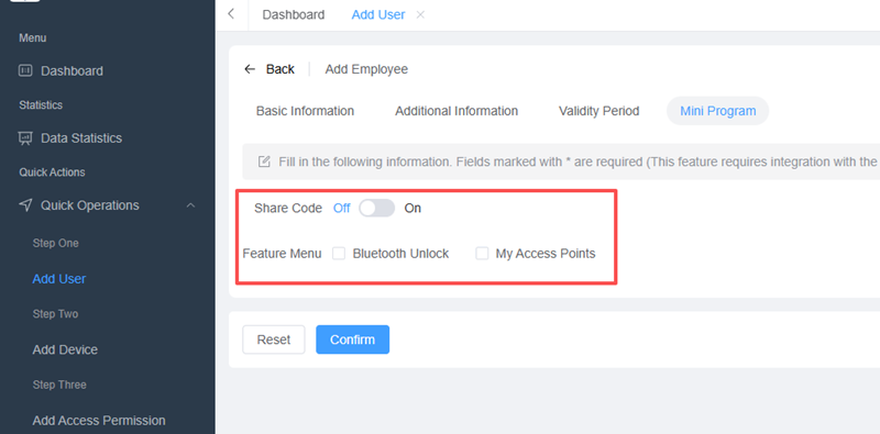 our QR code access control mini-program interface with the sharing function not disabled