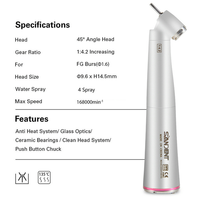 Dental 45 Degree LED Contra Angle Surgical Handpiece 1:4.2 Increasing NSK Style