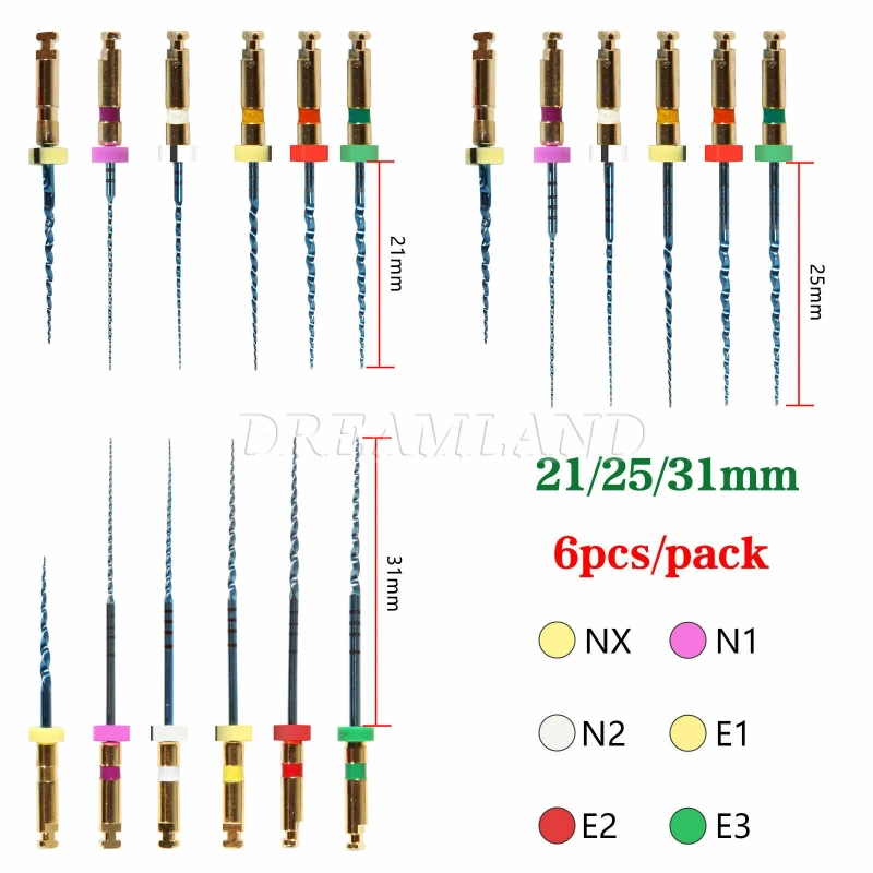Dental Endo NITI Rotary Files Heat Activated Assorted 6 Files 21mm/25mm/31mm