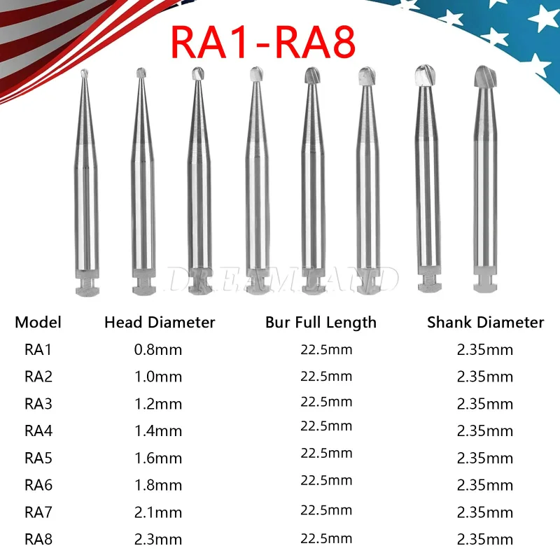 Dental Round Carbide Bur for Slow Speed Latch Type Handpiece RA 1# - 8# Burs