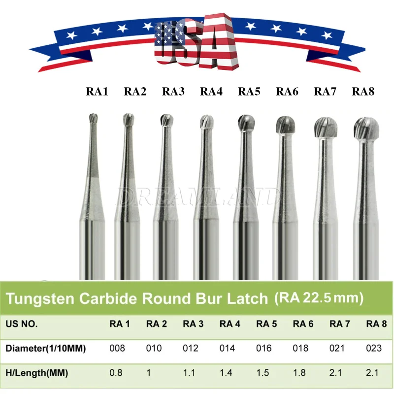 Dental Round Carbide Bur for Slow Speed Latch Type Handpiece RA 1# - 8# Burs